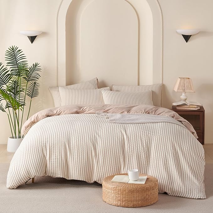 King Comforter Set Striped Beige 100% Soft Washed Microfiber Jacquard 3 Pieces King Striped Bedding Sets Beige White Comforter for All Seasons and 2 Pillowcases Comfort Breathable