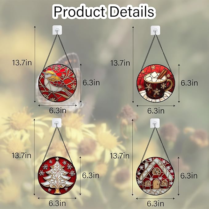 Stained Glass Window Hanging 4 Pcs Set Red Christmas Themed Decorations 6.3" - Suncatcher Door Garden Sun Catcher Decor Birthday New Year for Mom Woman Nana Men