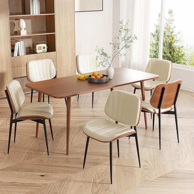 Dining Chairs Set of 8, Mid Century Modern Dining Room Chair, Upholstered Faux Leather Kitchen Chairs with Walnut Bentwood Back and Metal Legs for Kitchen Dining Room Living Room, Beige