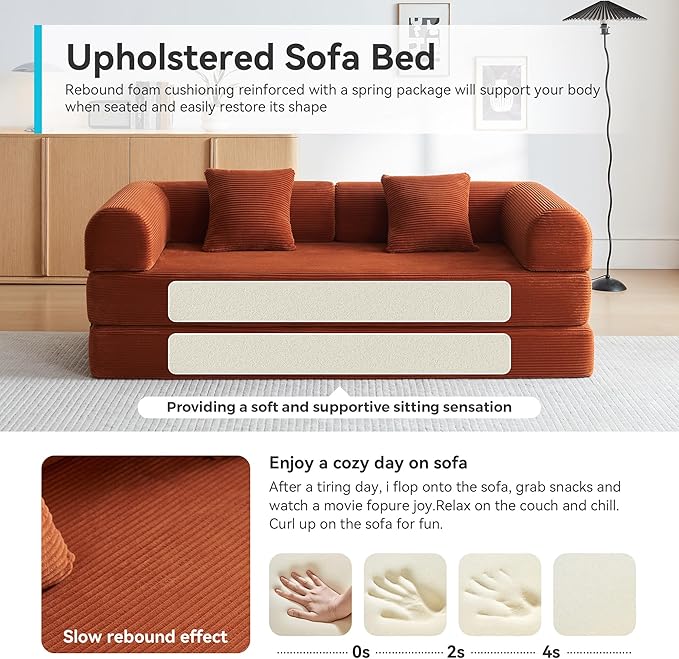 Convertible Sleeper Sofa Bed with Cylindrical Pillow, Modern Corduroy Futon Bed, Modular Sofa with Pull-Out Bed, Love Seat Sleeper for Living Room, Small Space Apartment, Office (Orange)
