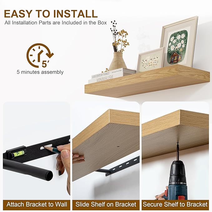 Fun Memories Floating Shelves for Wall, 24Inch Floating Shelves Set of 2, Hanging Shelf with Invisible Brackets, Wood Shelves for Living Room, Bedroom, Kitchen, Oak