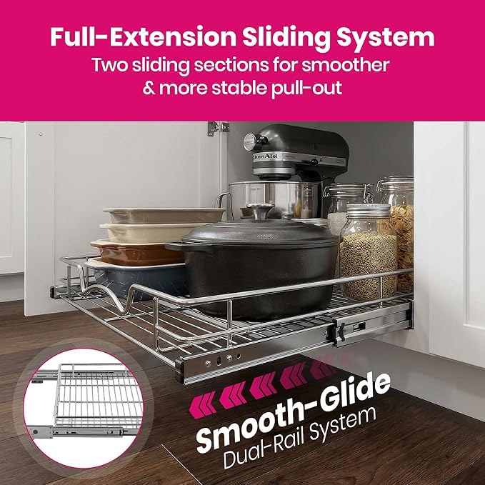 HOLDN’ STORAGE Pull Out Cabinet Organizer, Heavy Duty Caddy w/Lifetime Limited Warranty -11”W x 21”D - Requires At Least 12-1/4” Cabinet Opening, Steel Metal Cabinet Drawers Slide Out, Chrome