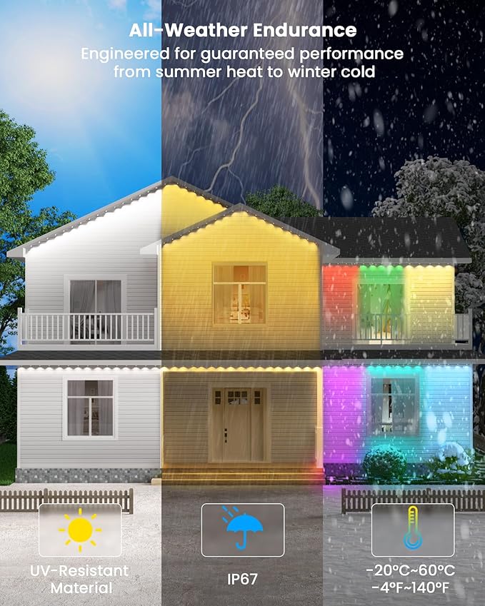 Gefolly Permanent Outdoor Lights Pro, 150ft with 90 RGBW Double-LED Lights 111 Scene Modes for Daily, Halloween, Christmas, IP67 Waterproof for Outdoor Decor, Works with Alexa, Google Assistant, White
