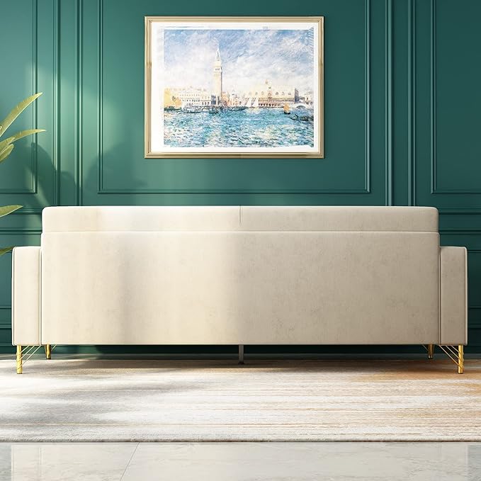 2PCS 85.63" Beige Velvet Sofa,Modern Loveseat Couch with Pillows Set of 2 for Living Room,Bedroom,Apartment Furniture with Gold Metal Legs