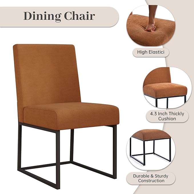 VKNOW Upholstered Dining Chairs Set of 4, Modern Dining Room Chairs, Linen Kitchen Chair Dinner Chair with Black Metal Base for Kitchen Office, Orange-Unstriped
