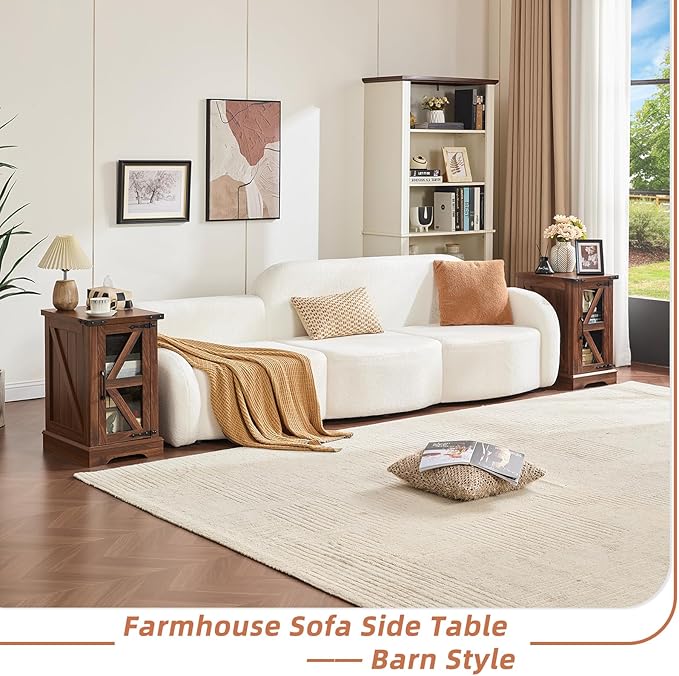 Farmhouse Coffee Table Sets 3 Pieces, Narrow Night Stand with Glass Barn Door Storage, Large Coffee Tables with Hidden Storage Organizer, Wood Furniture Sets for Living Room, Office, Brown