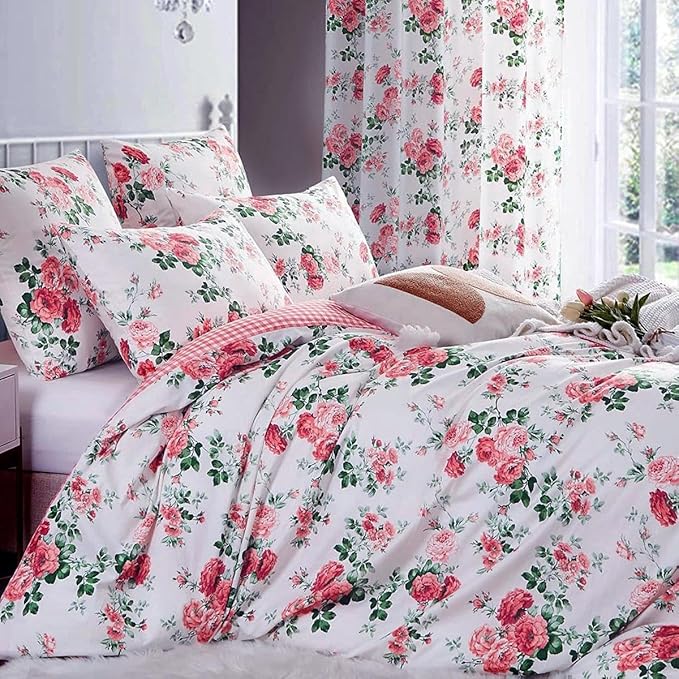Botanical Floral Duvet Cover King Vintage Garden Flower Duvet Cover 100% Microfiber Floral Comforter Cover Reversible Pink Plaid Wildflower Duvet Cover with Zipper Ties Boho Cottagecore Bedding Set