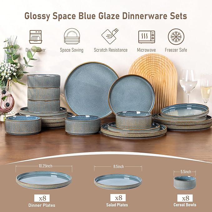 GBHOME Stoneware Dinnerware Sets for 8,Round Reactive Glaze Ceramic Plates and Bowls Set,Highly Scratch Resistant| Dishwasher & Microwave Safe Dishes Set,Service for 8(24pcs)