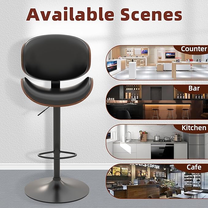 civama Bar Stools Set of 3 for Kitchen Counter, Adjustable Bar Height Chairs, Modern Swivel Barstools with Bentwood Seat and Back with Footrest, for Kitchen Island, Dining Room, Black PU Leather