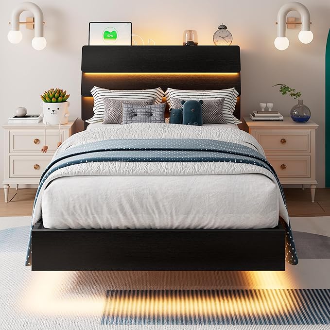 Floating Bed Frame Twin Size with Led Headboard and Charging Station, Metal Platform Bed Base with Storage, Remote Control, Heavy Slats Support, No Box Spring Needed, Noise Free, Black