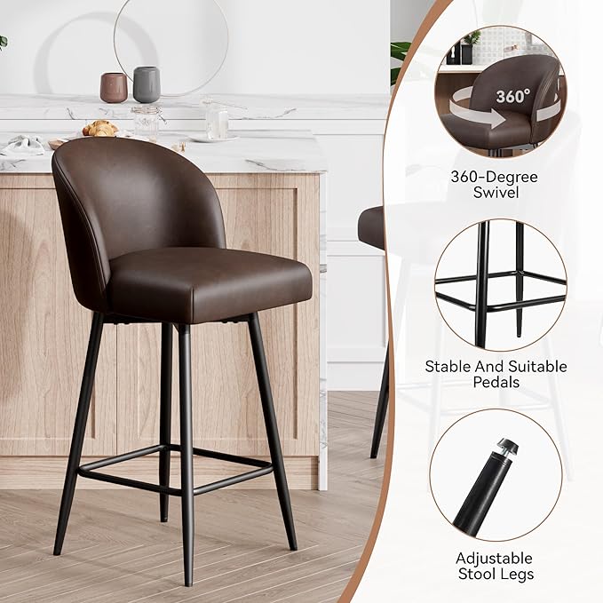Counter Height Bar Stools Set of 2,360° Swivel Barstools with High Back and Metal Legs,26" Seat Height, Upholstered PU Leather Bar Chairs for Kitchen Island, Dining Room,Cafes,Black Brown