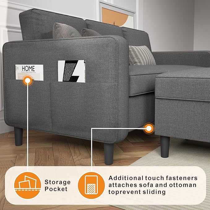 Sectional Sofa Couches for Living Room, 78'' Dark Grey 3 Seater L-Shaped Couch with Storage Ottoman, Comfy Fabric Convertible Sectionals Sofas with Chaise for Apartment, Office, Small Space