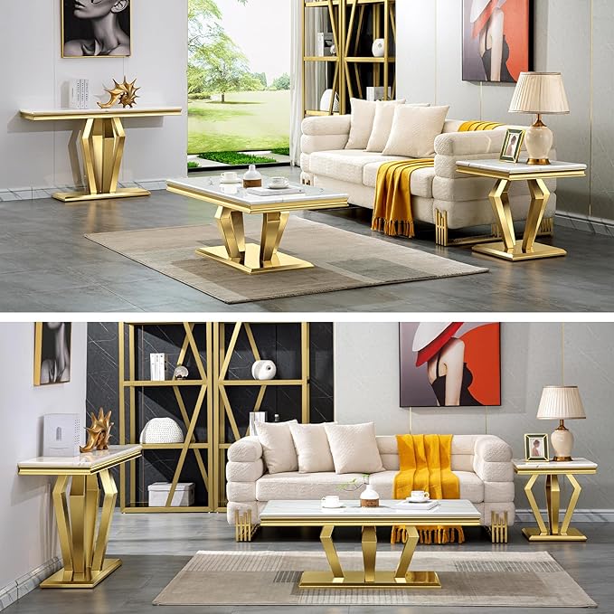 Coffee Table Set, 48 inches Modern Gold Coffee Table with 4 Geometric Polished Bases and Rectangular Gold Console Table with White Top for Living Room (Coffee Table + Console Table)