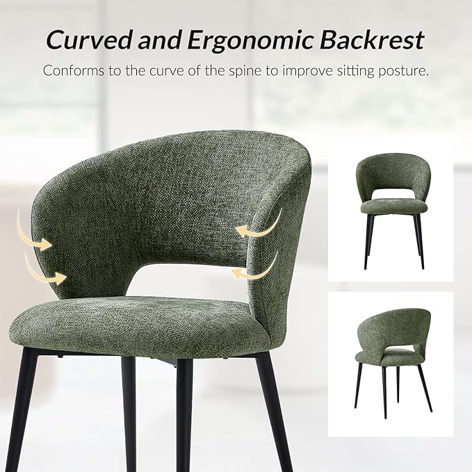 Contemporary Dining Chairs with Armrests – Ergonomic Soft-Padded Seat, Curved Backrest, Matte Black Metal Legs, Comfortable Kitchen & Dining Room Chairs, Set of 4