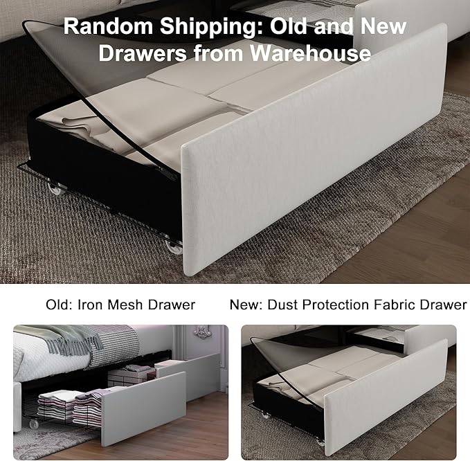 Full Led Bed Frame with 4 Storage Drawers, Bed with Led Lights No Box Spring Needed, Supports 900 lbs, Easy Assembly, Quiet and Sturdy Design, PU White