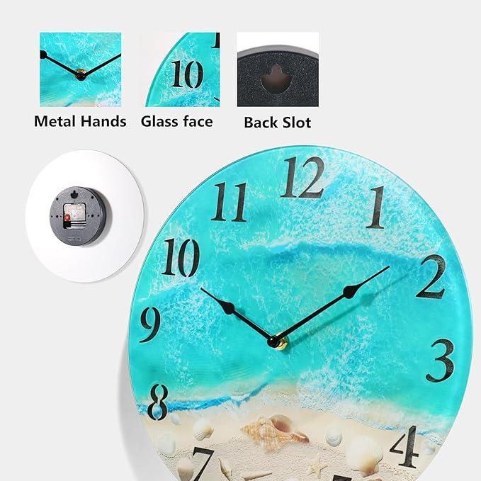 Coastal Nautical Glass Wall Clock with Seashell Design and Aesthetic Beach Theme - Battery Operated Silent Wall Decor for Home, Kitchen, Living Room, Office, Bedroom, or Bathroom (14 Inch,Teal)