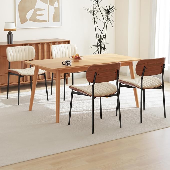 Modern PU Leather Dining Room Chairs Set of 2, Upholstered Kitchen Chairs with Curved Wood Backrest and Metal Legs Adjustable Feet for Kitchen Dining Room(Beige)