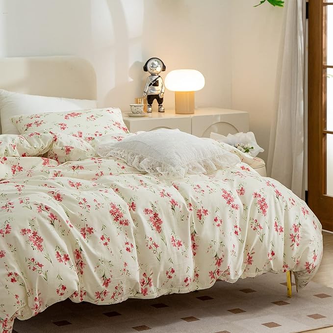 Full Floral Comforter Set Soft Cute Floral Bedding Comforter Sets Garden Style Red Flower Print Botanical Flowers Comforter Set for All Seasons 1 Comforter and 2 Pillowcases