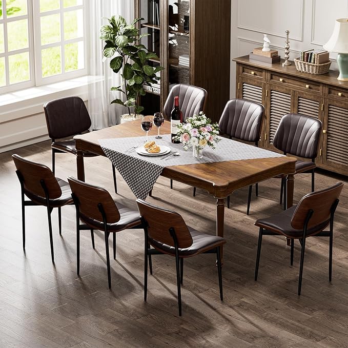 Dining Chairs Set of 4, Dining Room and Kitchen Chairs, Mid Century Modern Accent Chair, Upholstered PU Leather Chairs for Vanity with Walnut Bentwood and Metal Legs, Brown
