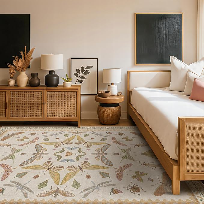 Washable Neutral Area Rug Living Room, 5x8 Washable Rugs for Bedroom Under Bed, Nursery Room, Boho Vintage Insect Butterfly Non-Slip Low Pile Stain Resistant - Beige/Yellow