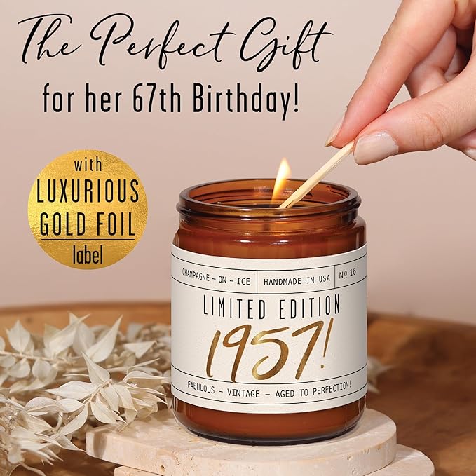 67th Birthday Gifts for Women - 'Limited Edition 1957' Soy Candle, w/Champagne on Ice I 67 Birthday Gifts for Women I 67th Birthday Gift for Her Ideas I 9oz Reusable Jar, 50Hr Burn, Made in USA