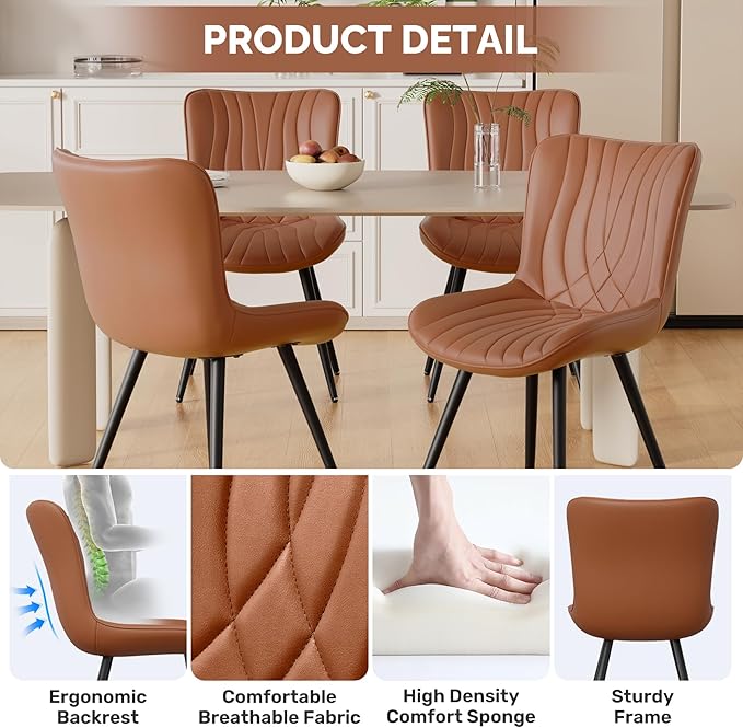 Dining Chair Set of 6,Comfortable PU Leather Dining Room Chairs Upholstered Comfy Dining Chairs Modern Kitchen Armless Side Chair with Sturdy Metal Legs,Umber