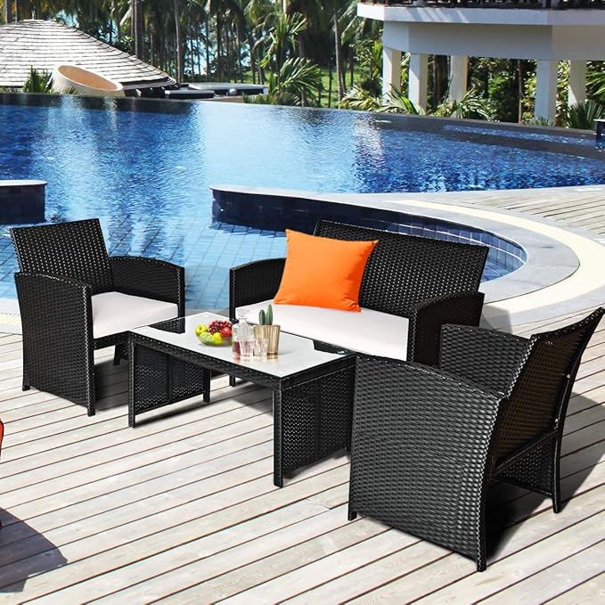 Tangkula Patio Wicker Conversation Furniture Set, Patiojoy Sofa & Table Set w/4 Seats, Outdoor Rattan Sofa Set for Balcony Backyard, Wicker Chair Set with Tempered Glass Coffee Table (1, White)