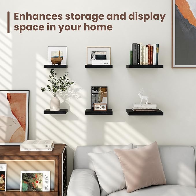 Fun Memories Floating Shelves for Wall - 7.5 Inch Square Shelves with Invisible Brackets, Black Small Wall Shelf for Living Room, Bathroom, Bedroom, and Kitchen Decor，Black Set of 3
