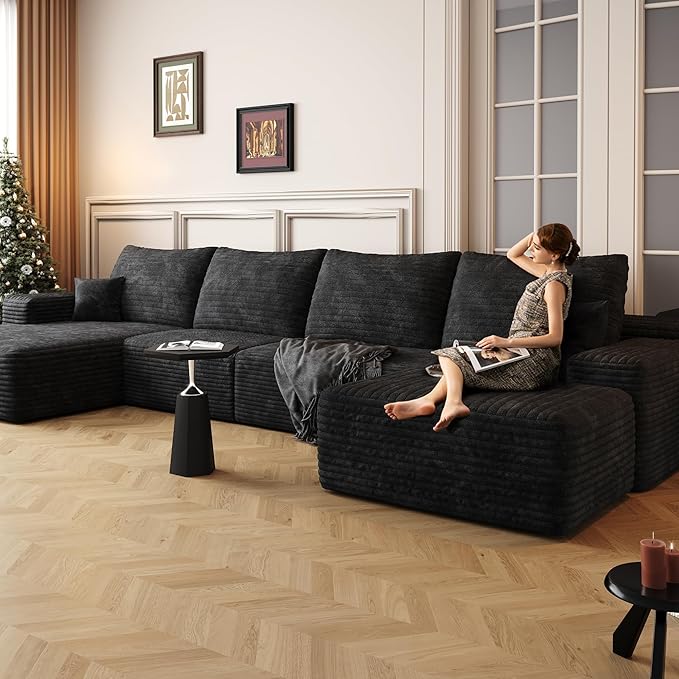 136" Sectional Couches for Living Room Modern Modular Sofa with L-Shape Couchs Upholstered Boneless Couch Deep Seat Sectional Couch with Chaise (Black, Left Facing Chaise+3Seaters+Ottoman)