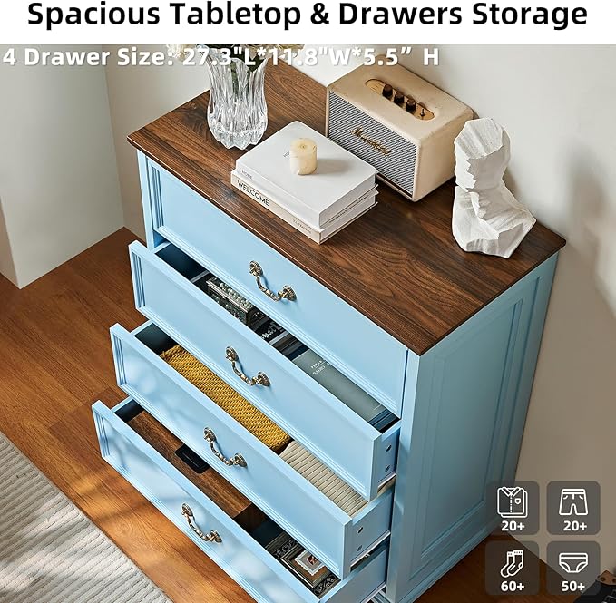 Farmhouse Furniture Sets, 24" Wide Farmhouse Nightstand Set of 2, 37" Tall Rustic Chests of Drawers w/ 4 Solid Wood Feet for Bedroom, LightBlue
