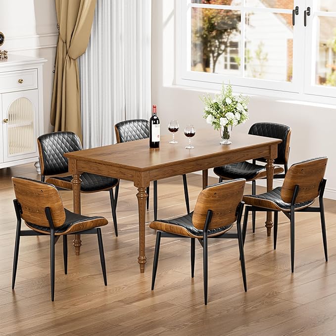 Dining Chairs Set of 6, FSC Certified Mid Century Modern Accent Dining Room and Kitchen Chairs, Upholstered PU Leather Diamond Check Chairs with Walnut Bentwood and Metal Legs, Black