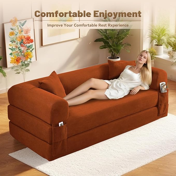 Convertible Futon Sofa Bed,80" Folding Pull Out Couch Bed with Pillows & Storage Pocket, Oversized Queen Sleeper Sofa in a Box,Corduroy Boneless Couch for Living Room,Orange