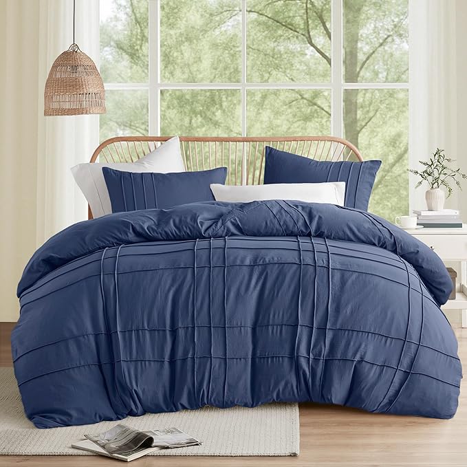 Comfort Spaces Navy Twin Size Comforter Set - 2 Pieces Pintuck Pleated Bedding Sets, All Season Lightweight, Extra Softness Pre-Washed Microfiber Twin Bed Set, Shams, Twin