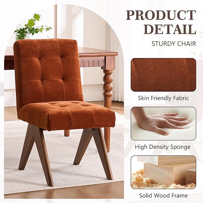 Rowill Modern Upholstered Dining Chairs Parsons Chair Linen Fabric Kitchen Chairs Tufted Armless Dining Room Chairs with Wood Legs Set of 2, Burnt Orange