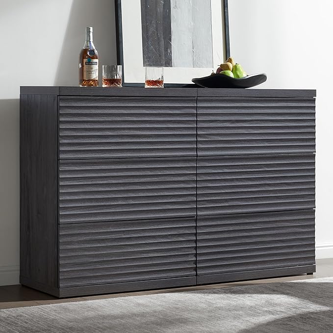 SICOTAS Buffet Cabinet with Storage, Modern Accent Sideboard Credenza with 3 Larger Drawers, Fluted Media Console Mid Century Coffee Bar Table for Living Room Kitchen, Dark Grey Alder (4 PCS)
