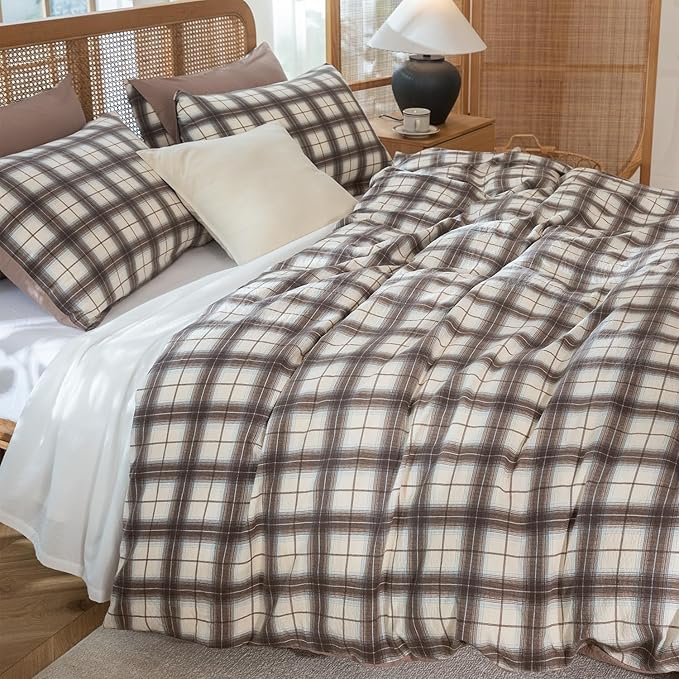 Comforter Set King Plaid 3 Pieces Soft Crinkle Gauze Fabric Plaid Bedding, Vintage Style Checkered Gingham Comforter Set for All Seasons Luxury Warmth Comfy Breathable with 2 Pillowcases
