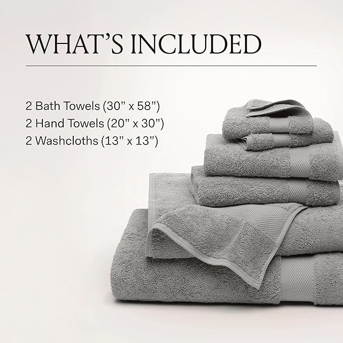 BOLL & BRANCH Plush Bath Towel Set - Stone - 6 Piece - Includes 2 Bath Towels, 2 Hand Towels & 2 Washcloths - 100% Organic Cotton - Ultra Soft & Luxurious - Quick Absorbing
