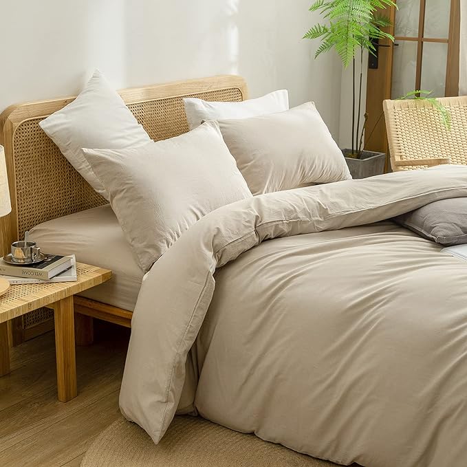 BESTOUCH Duvet Cover Set 100% Washed Cotton Linen Feel Super Soft Comfortable Chic Lightweight 3 PCs Home Bedding Set Solid Almond Milk Grey Super King Plus