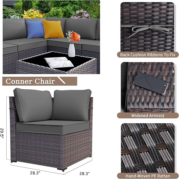 Kurapika 10 Pieces Patio Furniture Set, Rattan Wicker Outdoor Conversation Sets w/43in Propane Fire Pit Table, Swivel Rocking Chairs Patio Sectional Sofa w/4 Inch Cushion, Grey