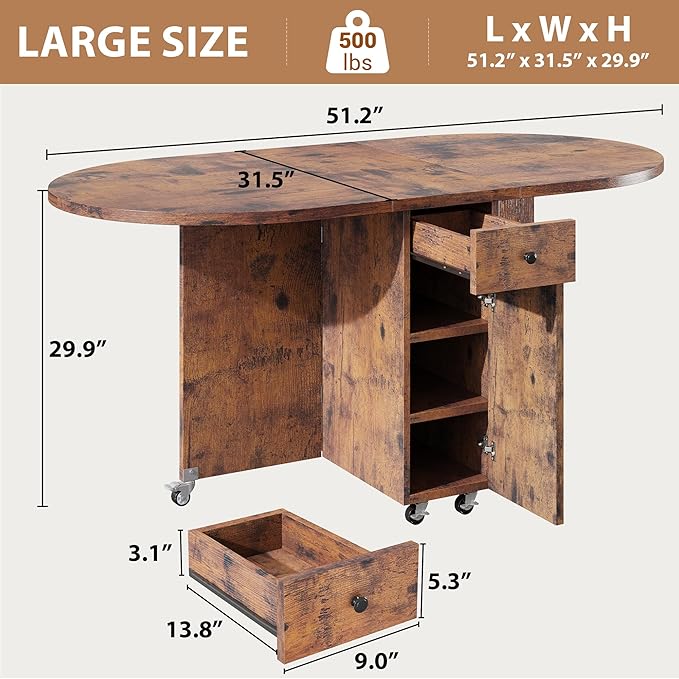 Folding Dining Table for 4 Kitchen Dining Room DinnerTable with Storage Drawer Space Saving Oval Foldable Drop Leaf Gateleg Furniture for Small Space (Vintage, 51 * 31.5 * 30)