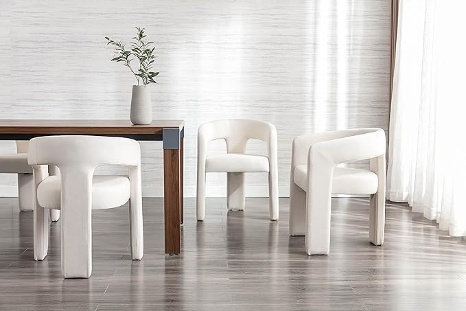 Set of 3 Modern Linen Fabric Upholstered Dining Chairs with Open-Back, Cute Barrel Side Chairs Kitchen Armchair Accent Chairs for Dining Room Bedroom, Ivory