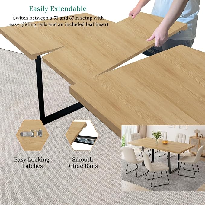 ZckyCine 51"-67" Modern Extendable Dining Table Set for 6 with 6 Padded Chairs, Wood Kitchen & Dining Room Table Set, Space-Saving Home Furniture for Small Families