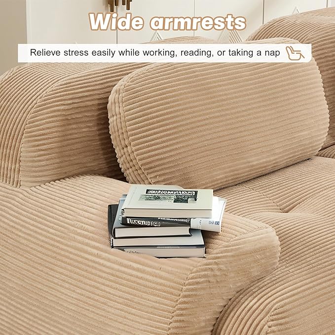 116" Modern Compressed Boneless Couch with Ottoman, 3 Seater Large U Shaped Sectional Couches for Living Room, Camel Corduroy Cloud Modular Sectional Sofa, Memory Foam, Extra Deep, No Assembly