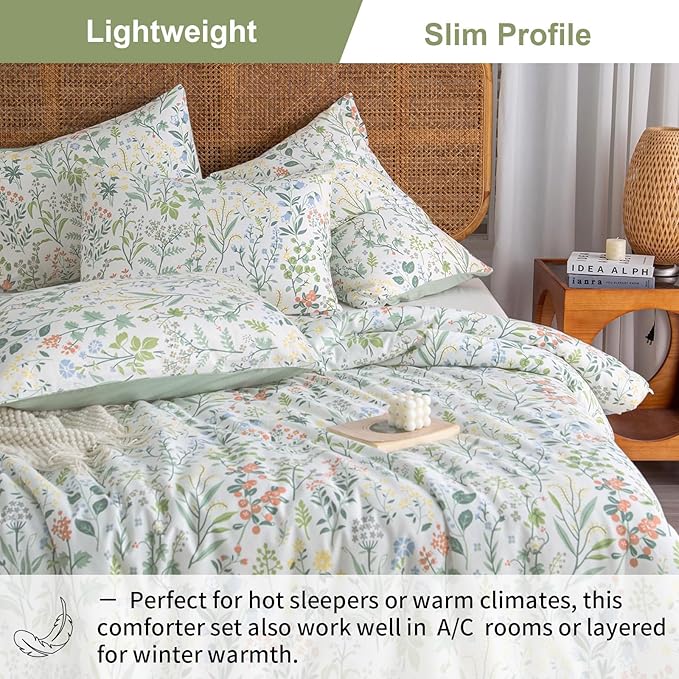 EAVD Vintage Garden Botanical Floral Comforter Set King Soft Microfiber Chic Cute Flowers Leaves Print Bedding Set 1 King Comforter and 2 Pillowcases Fresh Botanical Comforter Set for All-Season