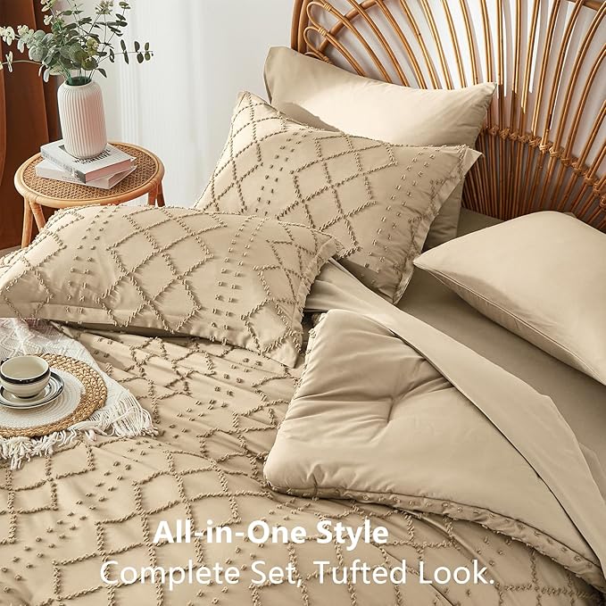 Khaki Tufted Comforter Set King Size 7 Piece Bed in a Bag,Shabby Chic Boho Comforter and Sheet Set,All Season Soft Microfiber Complete Bedding Set(Khaki,102"x90")