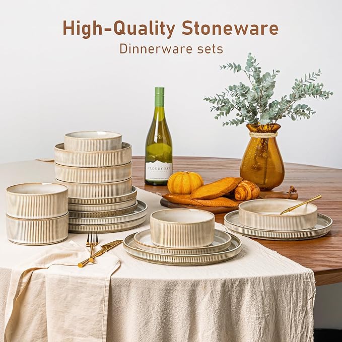 GBHOME Stoneware Dinnerware Sets for 4,Round Reactive Glaze Ceramic Plates and Bowls Set,Highly Scratch Resistant | Dishwasher & Microwave Safe Dishes Set,Service for 4(12Pcs)，Cappuccino
