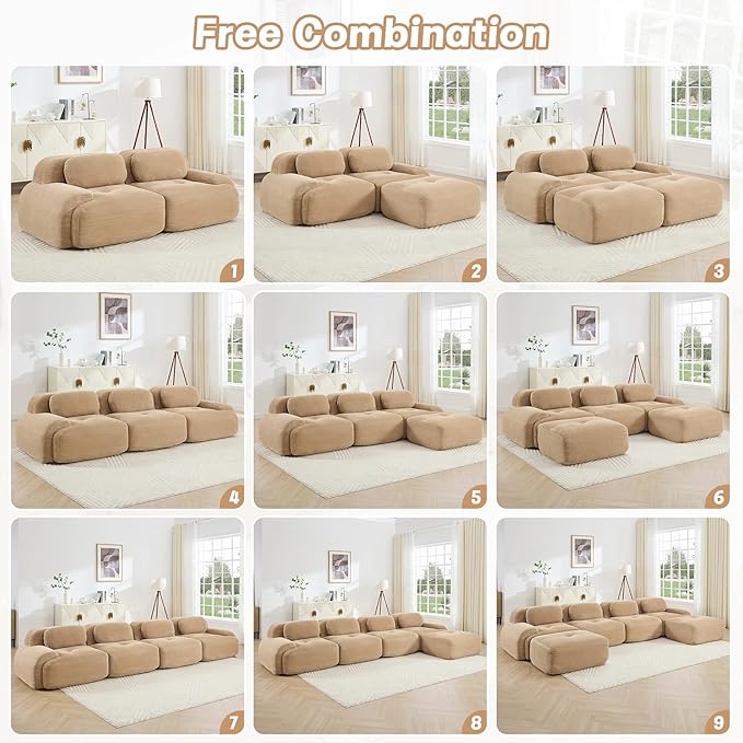 80" Modern Compressed Boneless Love Seat Couches, 2 Seater Large Sectional Couches for Living Room, Camel Corduroy Cloud Modular Sectional Sofa, Memory Foam, Extra Deep Loveseat, No Assembly
