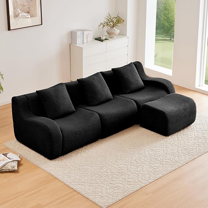 Black L-Shaped Cloud Couch with 1 Ottoman, Modern Teddy Fabric Boneless Sectional Sofa in a Box, Modular Floor Sofa for Living Room, Deep Seat, No Assembly Required, Sofas para Sala