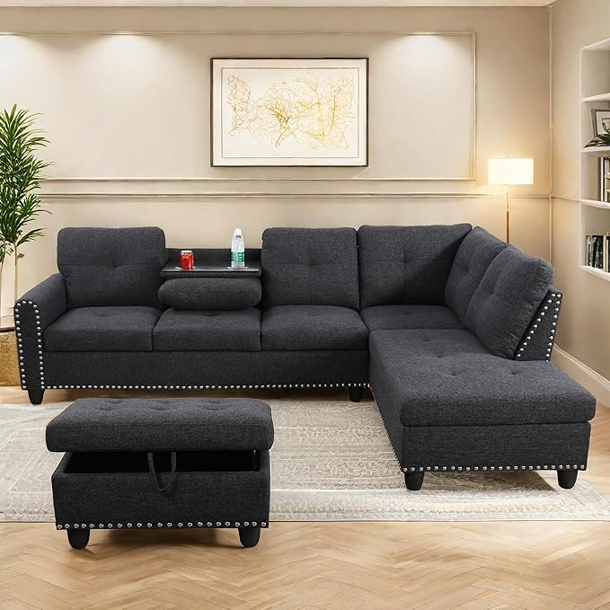 Large Storage Ottoman Sectional Sofa, L-Shaped Couch with Reversible Chaise, Space Saving Design, Gray Fabric with Accent Pillows. (Dark Gray)