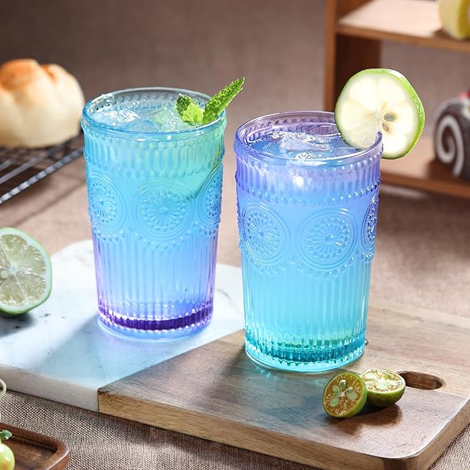 6pcs Vintage Drinking Glasses Set, 12 oz Glass Cups, Embossed Ribbed Glassware Drinking Glasses for Cocktail, Water, Juice, Coffee, Whiskey